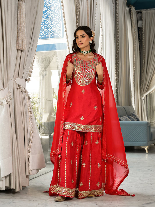 Red Kachhi Patti Work Russian Silk Short Kurta Sharara With Dupatta | LASVINI - Redefining Indian Fashion with Elegance