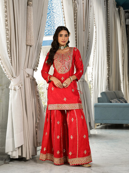 Red Kachhi Patti Work Russian Silk Short Kurta Sharara With Dupatta | LASVINI - Redefining Indian Fashion with Elegance