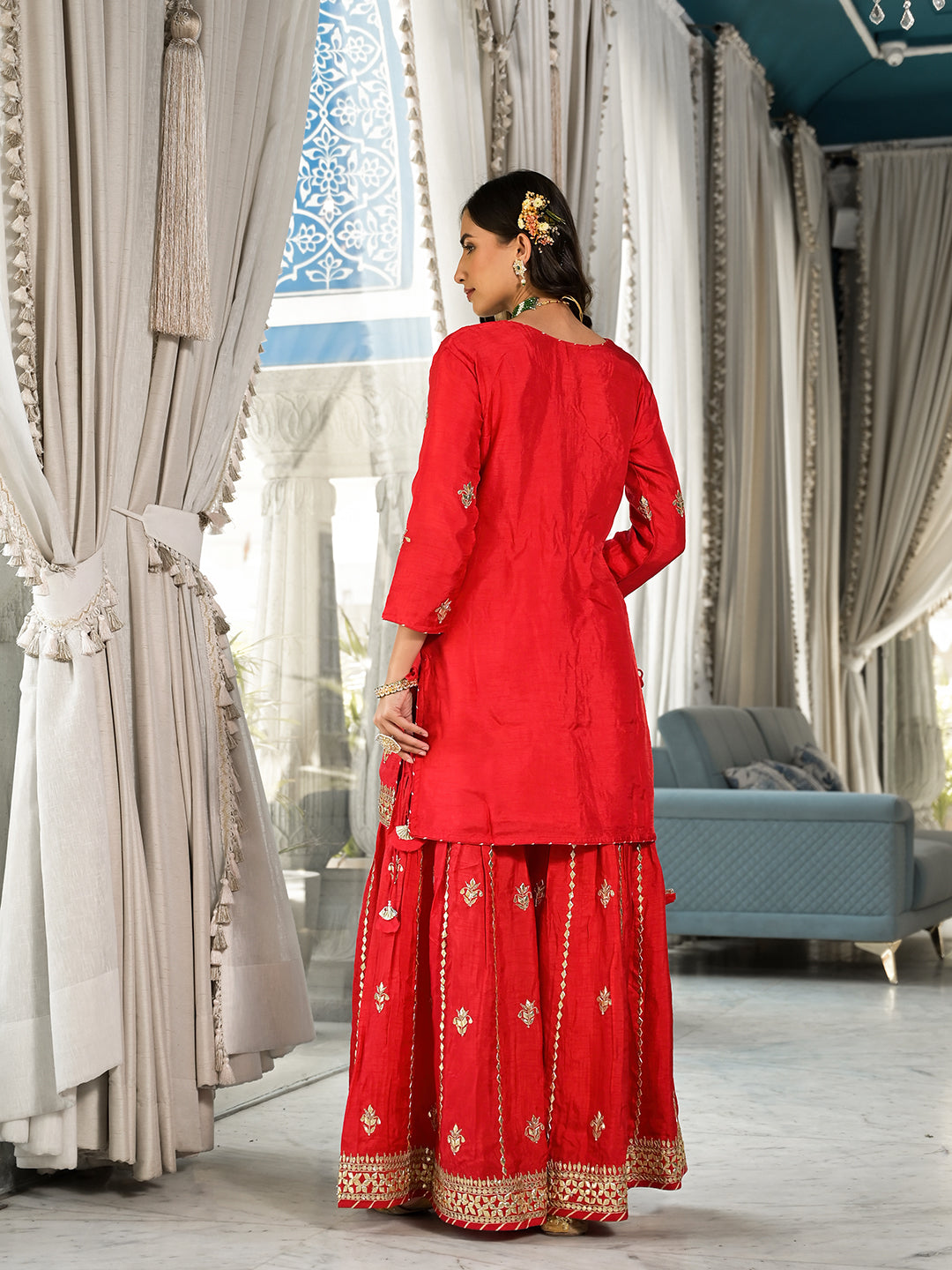 Red Kachhi Patti Work Russian Silk Short Kurta Sharara With Dupatta | LASVINI - Redefining Indian Fashion with Elegance