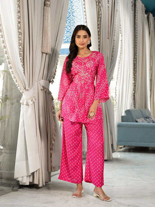 Pink Digital Print Gota Work Pure Muslin Co-Ord Set | LASVINI - Redefining Indian Fashion with Elegance