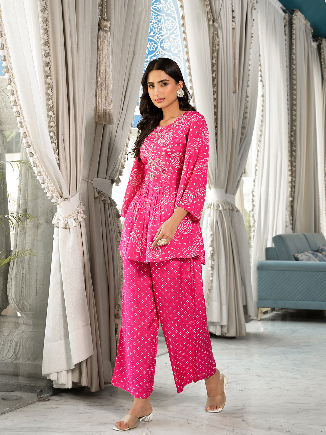Pink Digital Print Gota Work Pure Muslin Co-Ord Set | LASVINI - Redefining Indian Fashion with Elegance