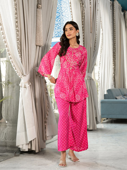 Pink Digital Print Gota Work Pure Muslin Co-Ord Set | LASVINI - Redefining Indian Fashion with Elegance