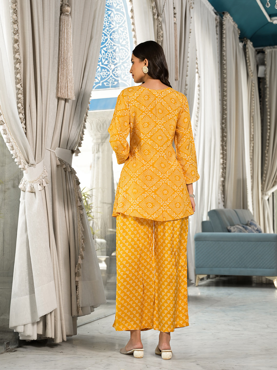 Mustard Yellow Digital Print Gota Work Pure Muslin Co-Ord Set | LASVINI - Redefining Indian Fashion with Elegance