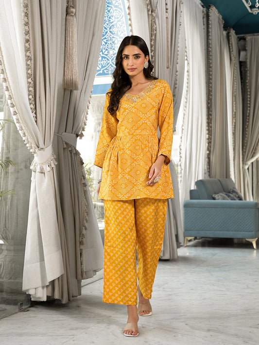 Mustard Yellow Digital Print Gota Work Pure Muslin Co-Ord Set | LASVINI - Redefining Indian Fashion with Elegance