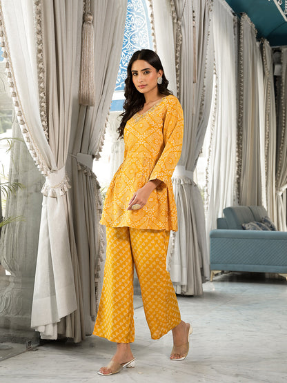 Mustard Yellow Digital Print Gota Work Pure Muslin Co-Ord Set | LASVINI - Redefining Indian Fashion with Elegance