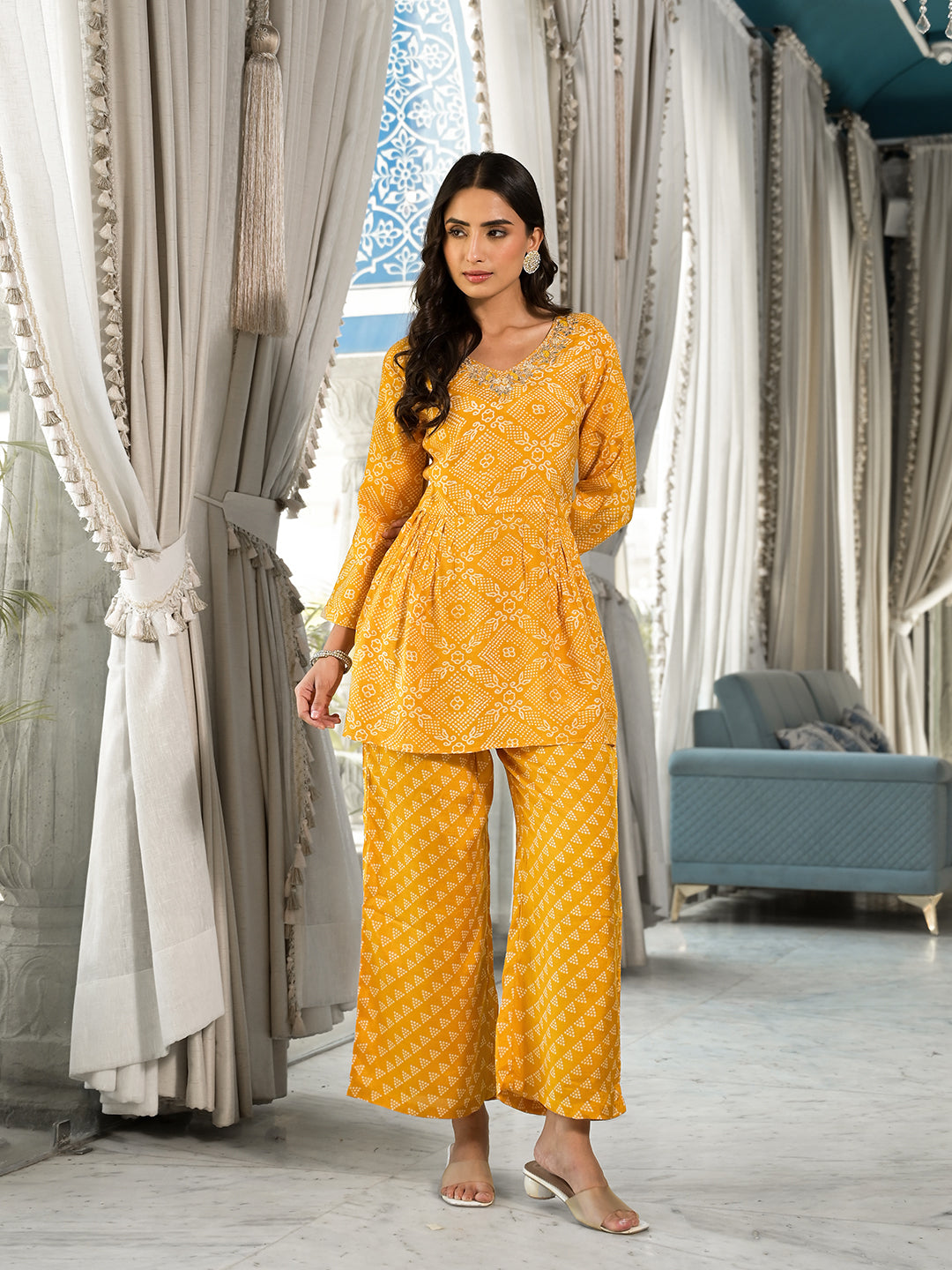 Mustard Yellow Digital Print Gota Work Pure Muslin Co-Ord Set | LASVINI - Redefining Indian Fashion with Elegance
