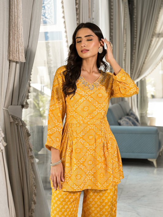 Mustard Yellow Digital Print Gota Work Pure Muslin Co-Ord Set | LASVINI - Redefining Indian Fashion with Elegance