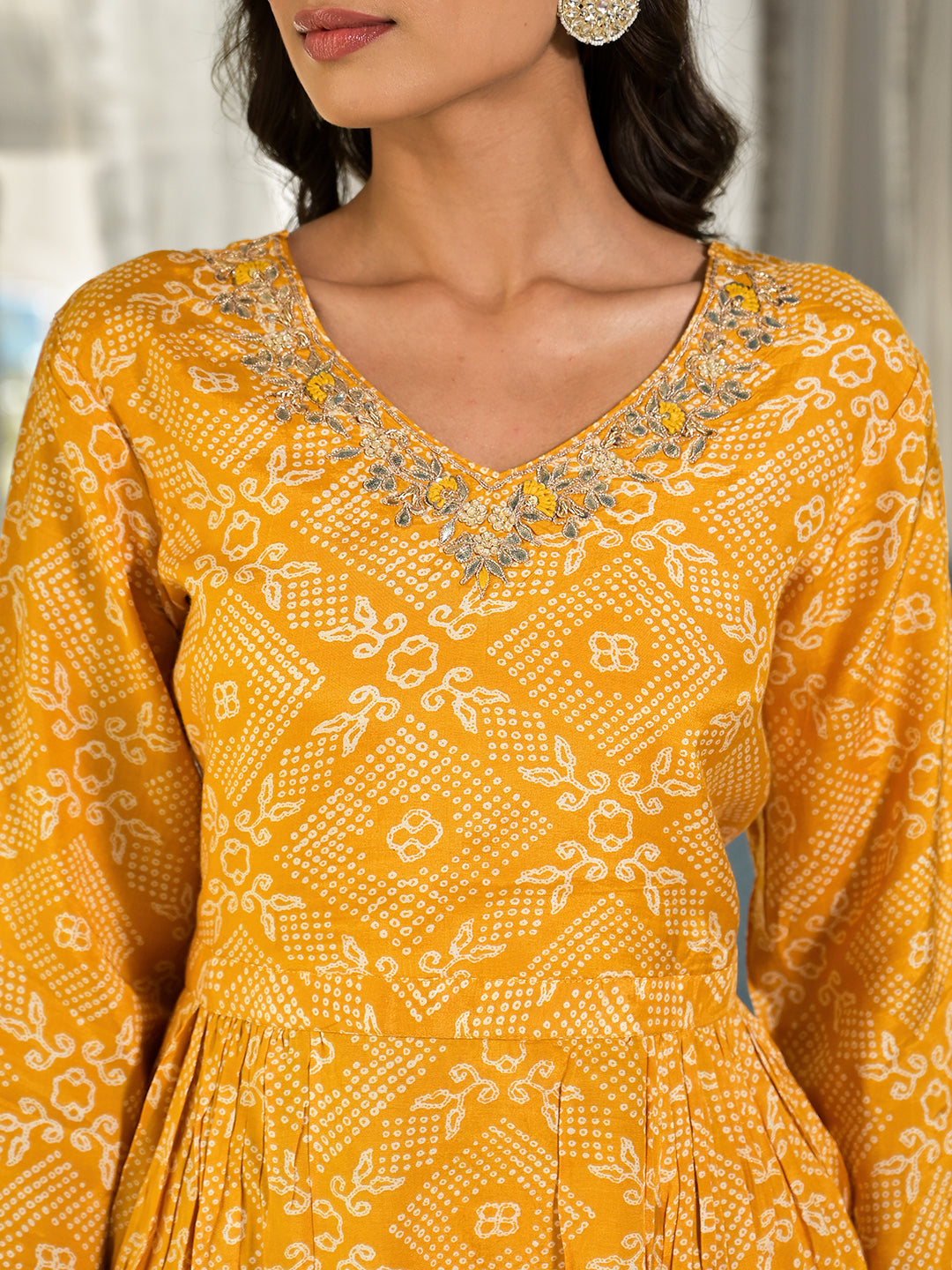 Mustard Yellow Digital Print Gota Work Pure Muslin Co-Ord Set | LASVINI - Redefining Indian Fashion with Elegance