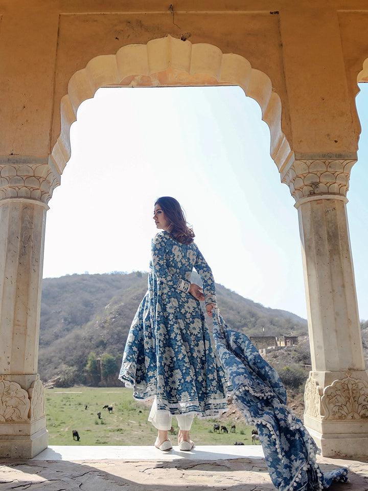 Indigo Blue Cotton Anarkali Kurta Pant Set With Dupatta | LASVINI - Redefining Indian Fashion with Elegance