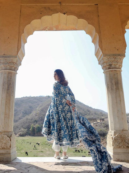 Indigo Blue Cotton Anarkali Kurta Pant Set With Dupatta | LASVINI - Redefining Indian Fashion with Elegance