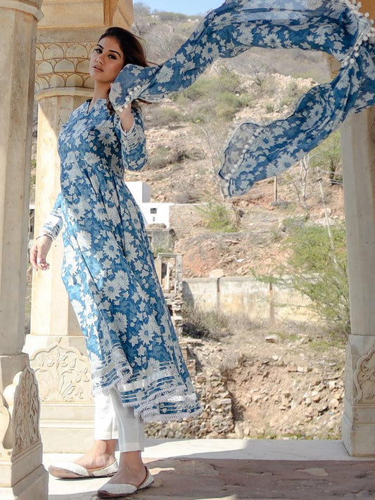 Indigo Blue Cotton Anarkali Kurta Pant Set With Dupatta | LASVINI - Redefining Indian Fashion with Elegance