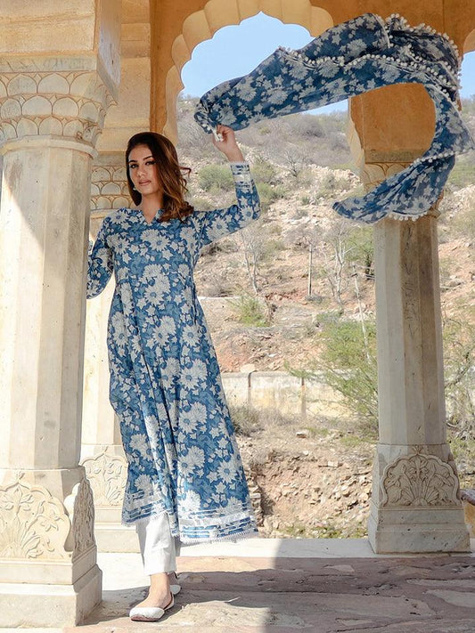 Indigo Blue Cotton Anarkali Kurta Pant Set With Dupatta | LASVINI - Redefining Indian Fashion with Elegance