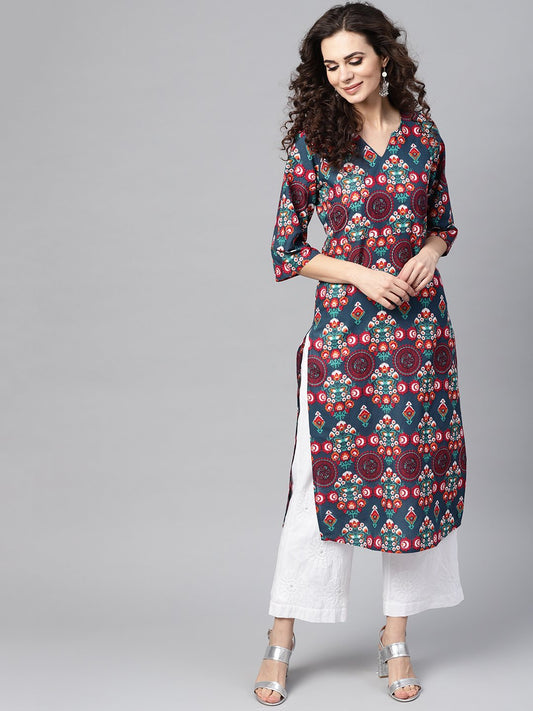 Turquoise Multi-Colored Staright Kurta With Round Neck V Slit & 3/4 Sleeves | LASVINI - Redefining Indian Fashion with Elegance