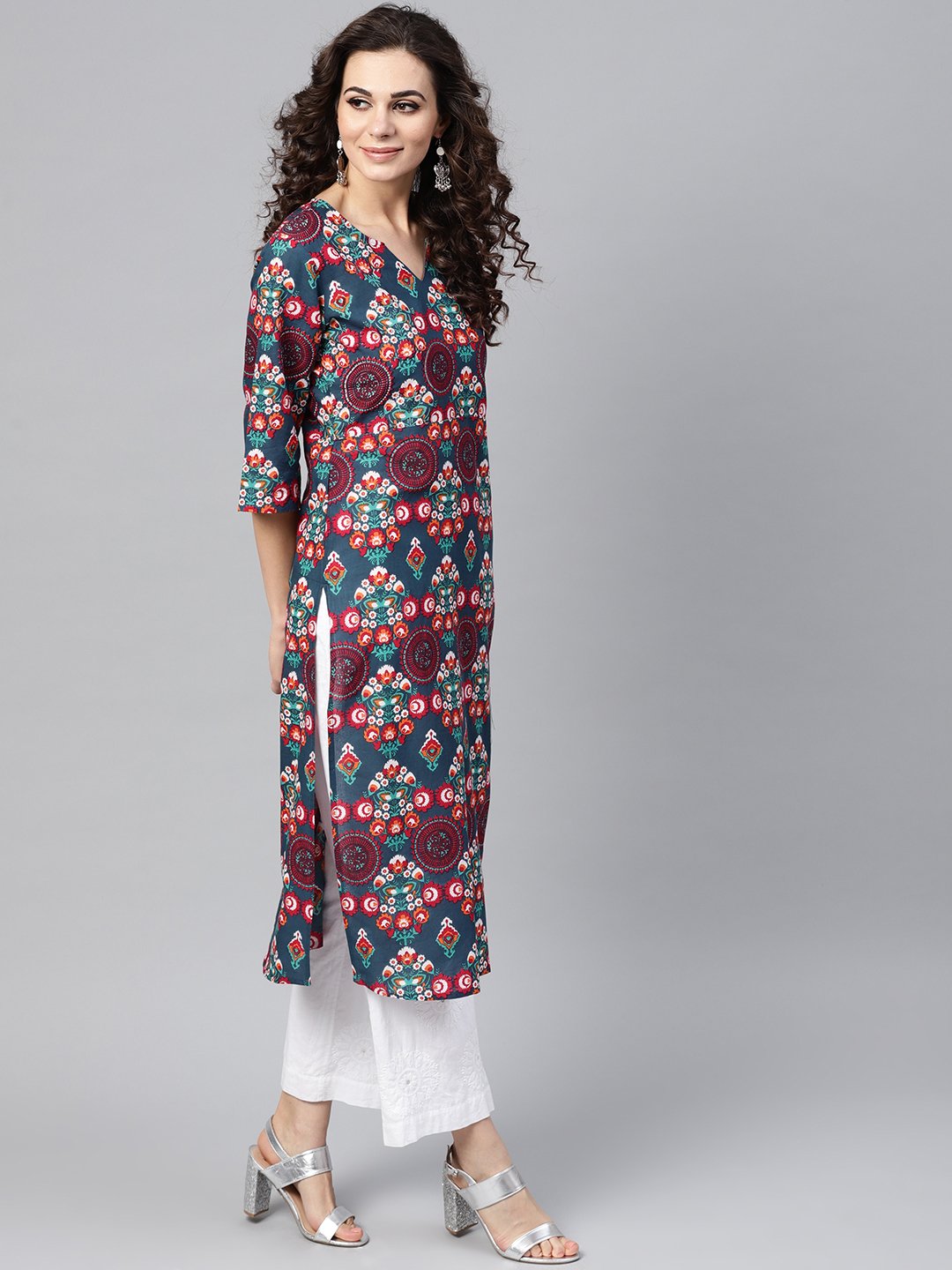 Turquoise Multi-Colored Staright Kurta With Round Neck V Slit & 3/4 Sleeves | LASVINI - Redefining Indian Fashion with Elegance