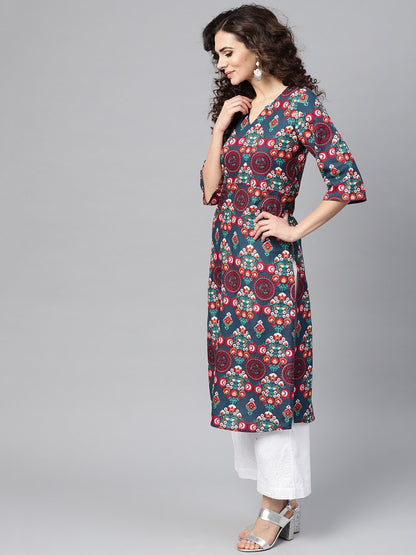 Turquoise Multi-Colored Staright Kurta With Round Neck V Slit & 3/4 Sleeves | LASVINI - Redefining Indian Fashion with Elegance