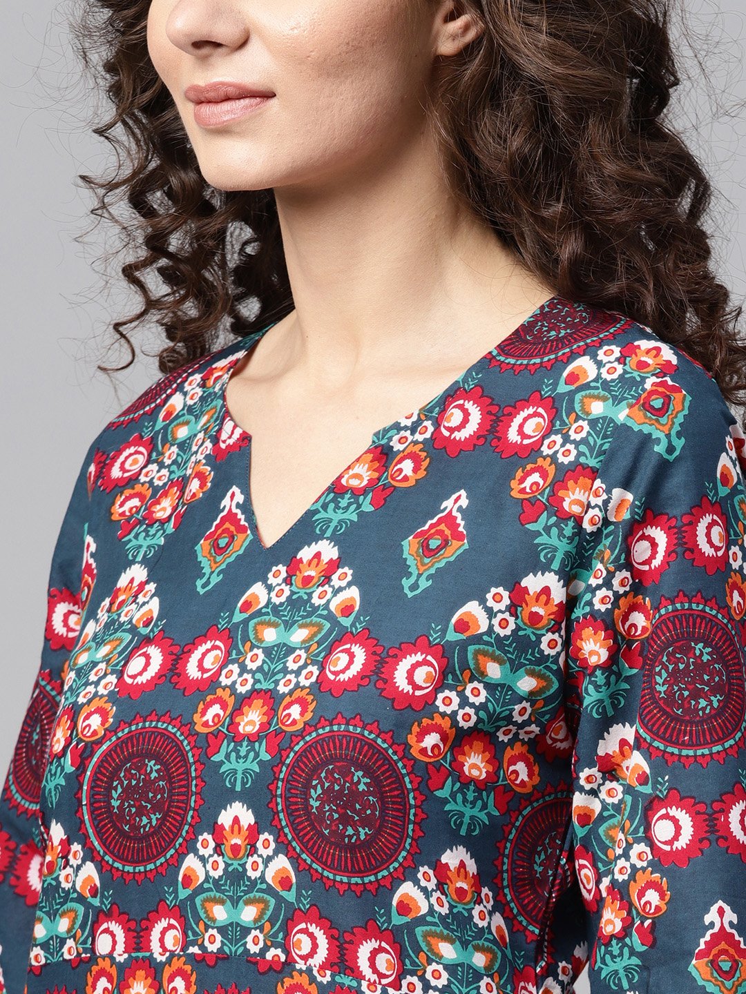 Turquoise Multi-Colored Staright Kurta With Round Neck V Slit & 3/4 Sleeves | LASVINI - Redefining Indian Fashion with Elegance