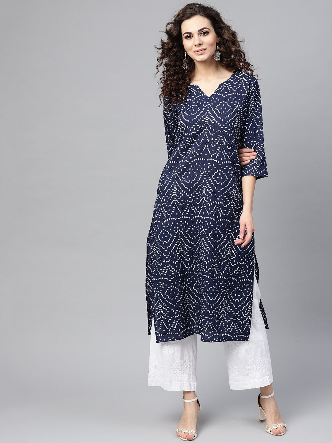 Navy Blue Bandhani Straight Kurta Round Neck V Slit & 3/4 Sleeves | LASVINI - Redefining Indian Fashion with Elegance