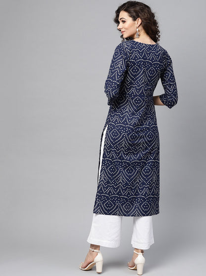 Navy Blue Bandhani Straight Kurta Round Neck V Slit & 3/4 Sleeves | LASVINI - Redefining Indian Fashion with Elegance