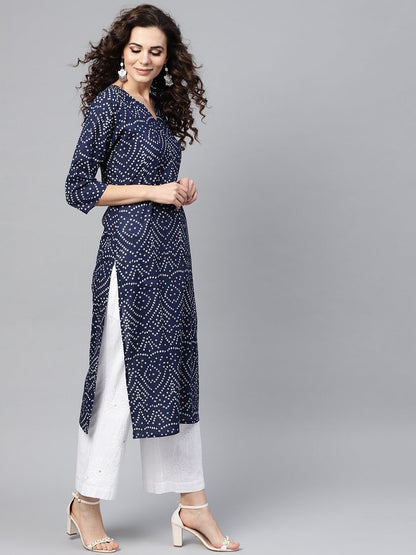 Navy Blue Bandhani Straight Kurta Round Neck V Slit & 3/4 Sleeves | LASVINI - Redefining Indian Fashion with Elegance