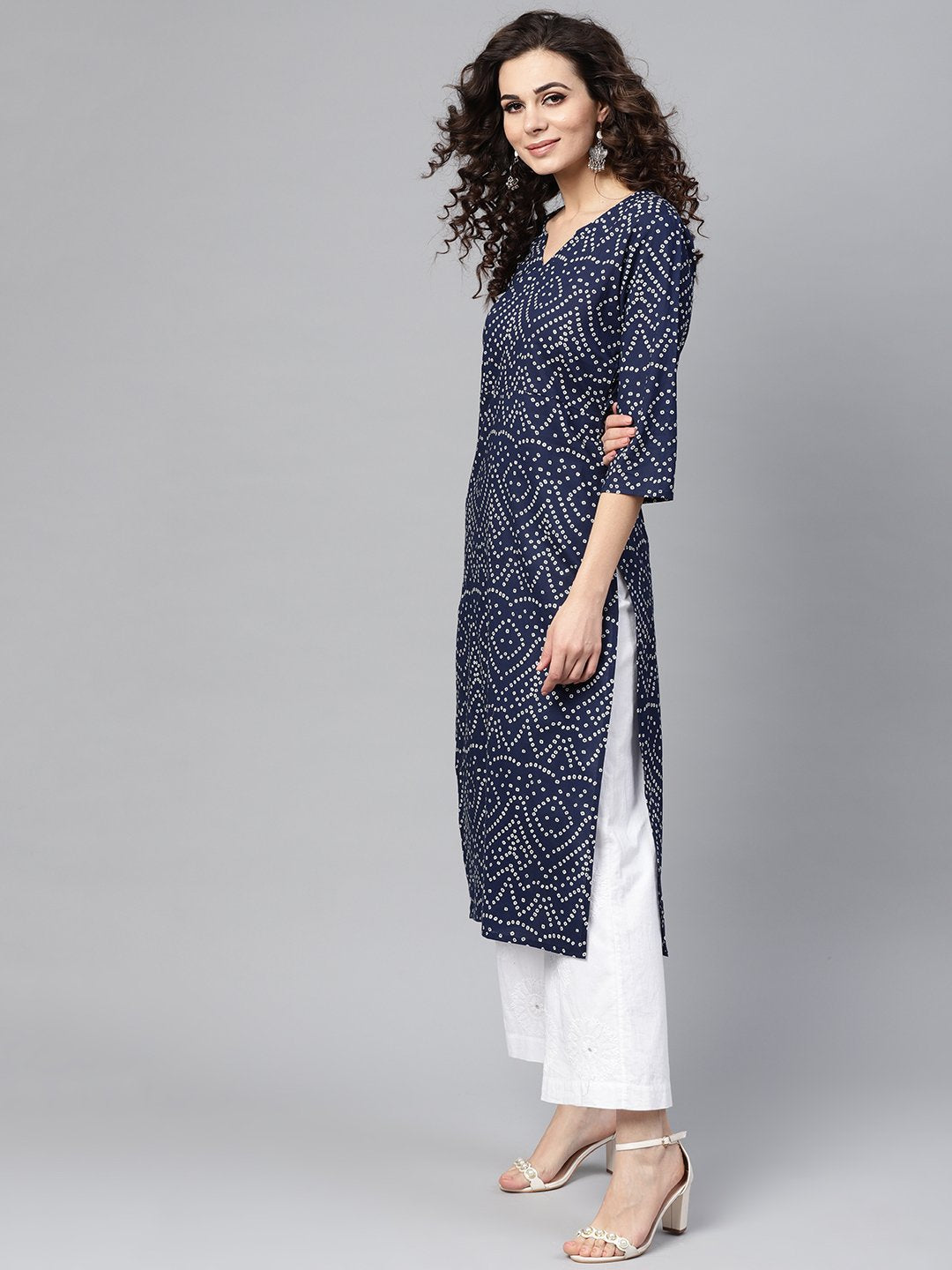Navy Blue Bandhani Straight Kurta Round Neck V Slit & 3/4 Sleeves | LASVINI - Redefining Indian Fashion with Elegance