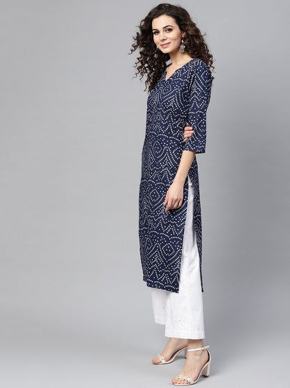 Navy Blue Bandhani Straight Kurta Round Neck V Slit & 3/4 Sleeves | LASVINI - Redefining Indian Fashion with Elegance