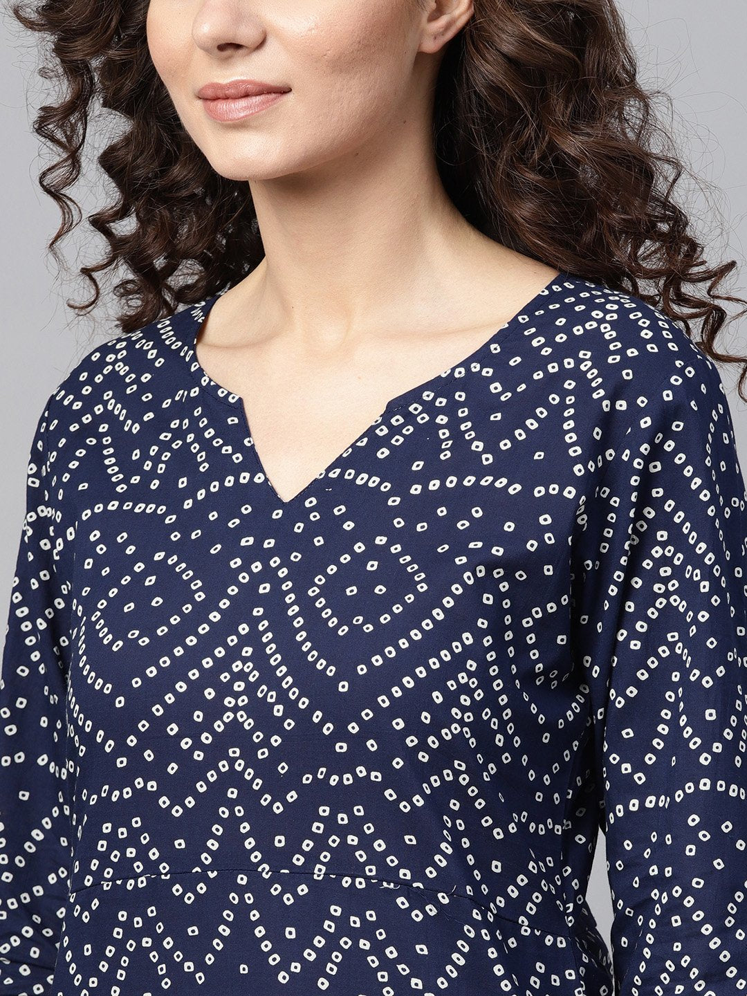 Navy Blue Bandhani Straight Kurta Round Neck V Slit & 3/4 Sleeves | LASVINI - Redefining Indian Fashion with Elegance