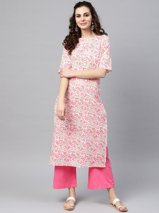 White Printed Floral Straight Kurta Set With Solid Pink Pants | LASVINI - Redefining Indian Fashion with Elegance