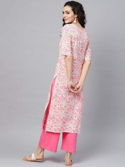 White Printed Floral Straight Kurta Set With Solid Pink Pants | LASVINI - Redefining Indian Fashion with Elegance