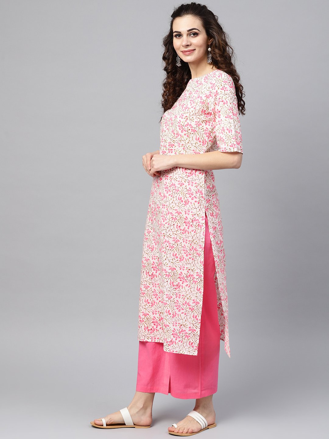 White Printed Floral Straight Kurta Set With Solid Pink Pants | LASVINI - Redefining Indian Fashion with Elegance