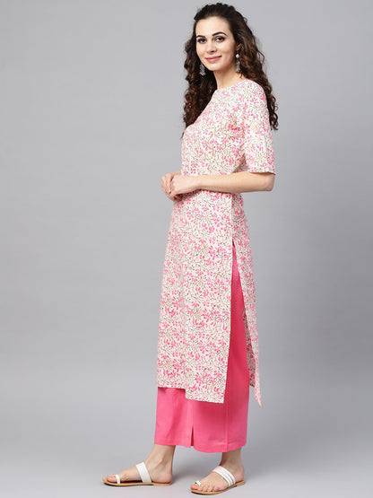 White Printed Floral Straight Kurta Set With Solid Pink Pants | LASVINI - Redefining Indian Fashion with Elegance