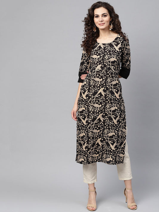 Black & Beige Printed Straight Kurta With Round Neck & Solid Black Cuff Detailing | LASVINI - Redefining Indian Fashion with Elegance