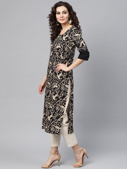 Black & Beige Printed Straight Kurta With Round Neck & Solid Black Cuff Detailing | LASVINI - Redefining Indian Fashion with Elegance