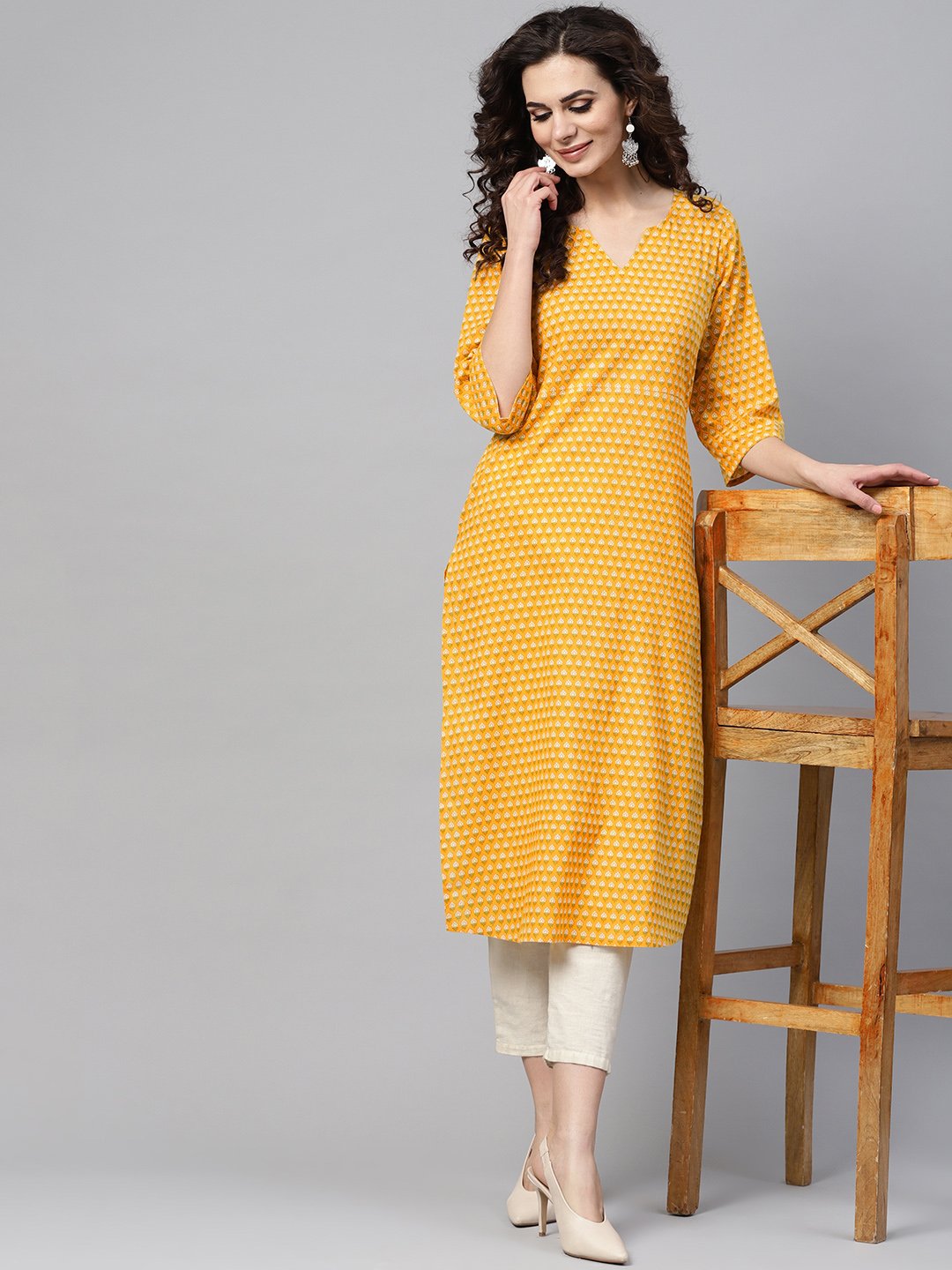 Yellow Printed Straight Kurta With Round Neck V Slit & 3/4 Sleeves | LASVINI - Redefining Indian Fashion with Elegance