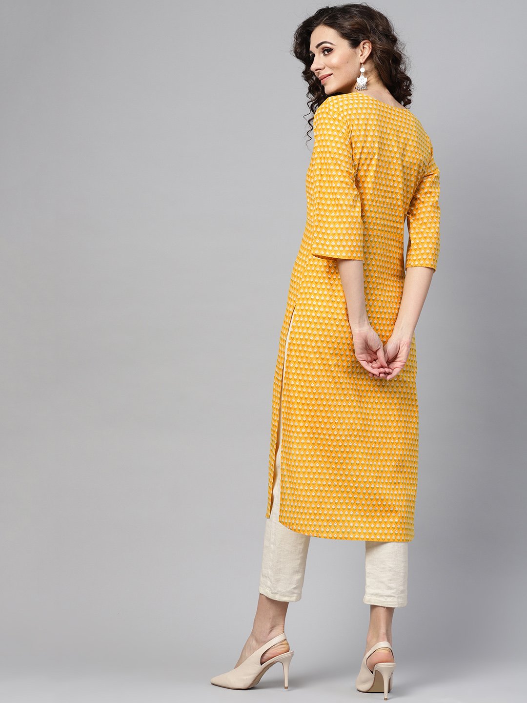 Yellow Printed Straight Kurta With Round Neck V Slit & 3/4 Sleeves | LASVINI - Redefining Indian Fashion with Elegance