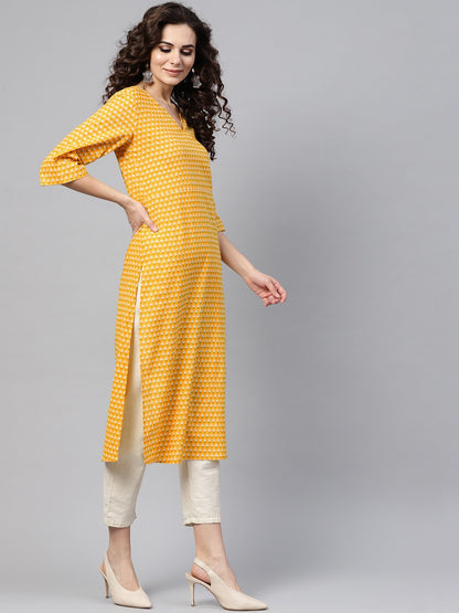 Yellow Printed Straight Kurta With Round Neck V Slit & 3/4 Sleeves | LASVINI - Redefining Indian Fashion with Elegance