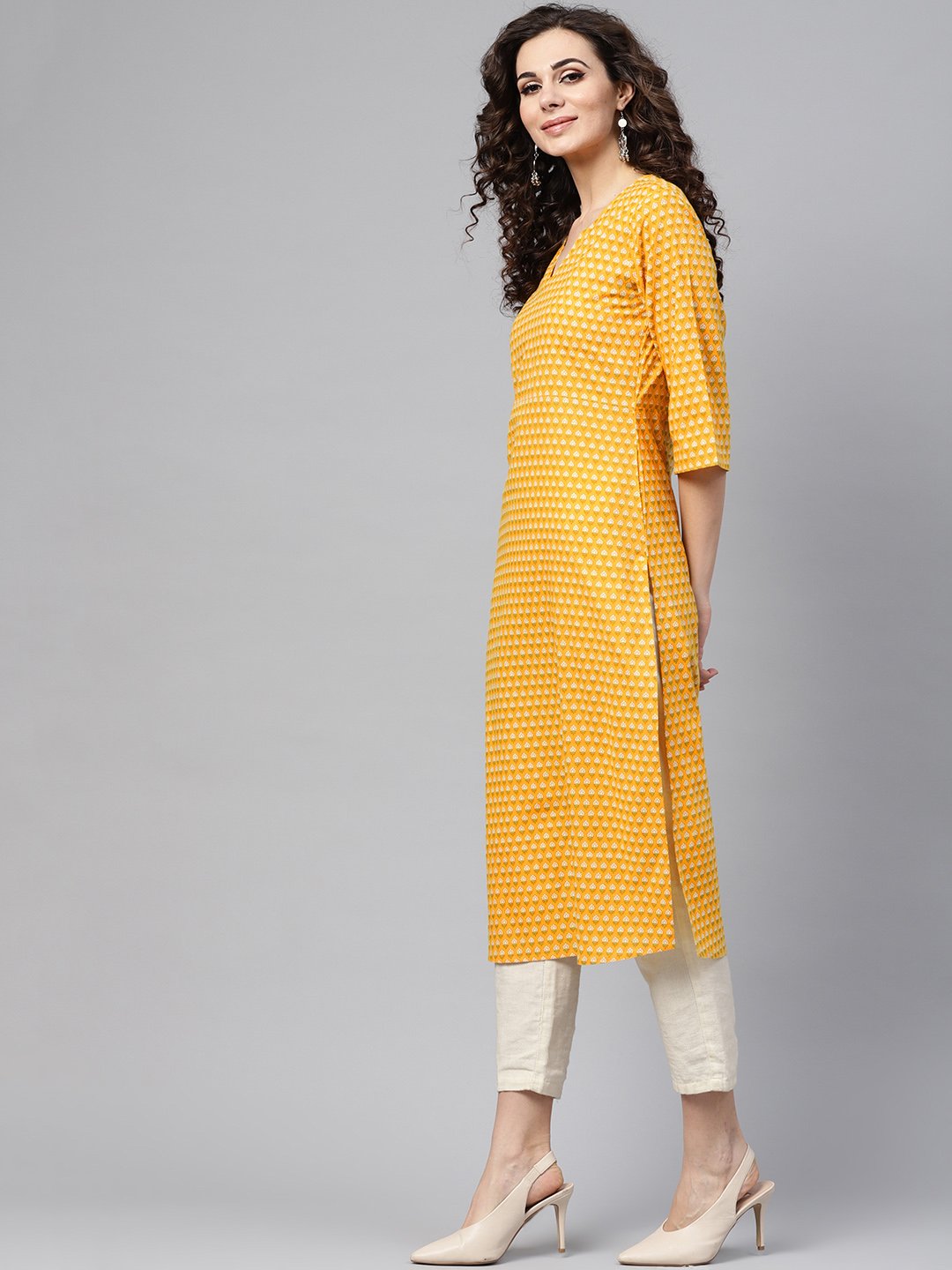 Yellow Printed Straight Kurta With Round Neck V Slit & 3/4 Sleeves | LASVINI - Redefining Indian Fashion with Elegance