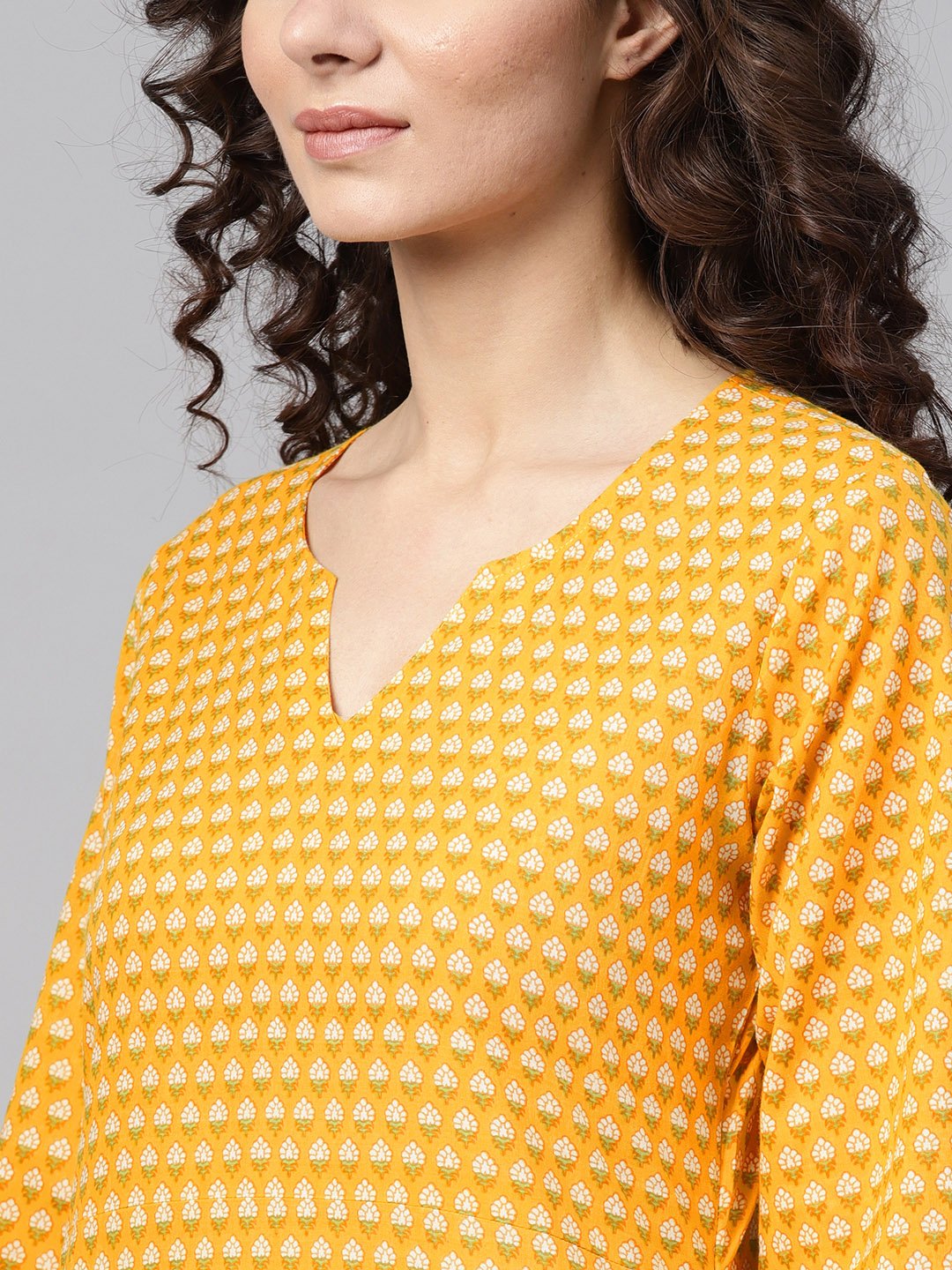 Yellow Printed Straight Kurta With Round Neck V Slit & 3/4 Sleeves | LASVINI - Redefining Indian Fashion with Elegance