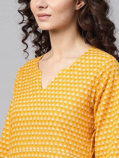 Yellow Printed Straight Kurta With Round Neck V Slit & 3/4 Sleeves | LASVINI - Redefining Indian Fashion with Elegance
