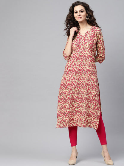 Rani Pink & Beige Straight Kurta With Round Neck V Slit & 3/4 Sleeves | LASVINI - Redefining Indian Fashion with Elegance