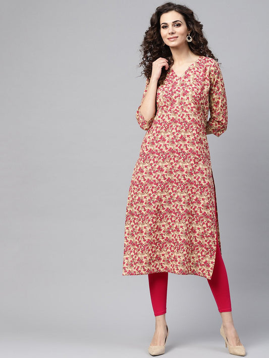 Rani Pink & Beige Straight Kurta With Round Neck V Slit & 3/4 Sleeves | LASVINI - Redefining Indian Fashion with Elegance