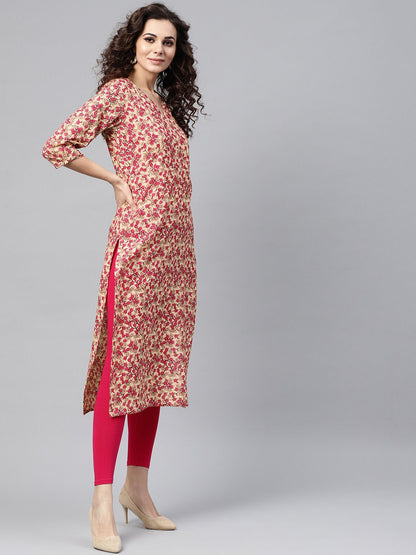 Rani Pink & Beige Straight Kurta With Round Neck V Slit & 3/4 Sleeves | LASVINI - Redefining Indian Fashion with Elegance
