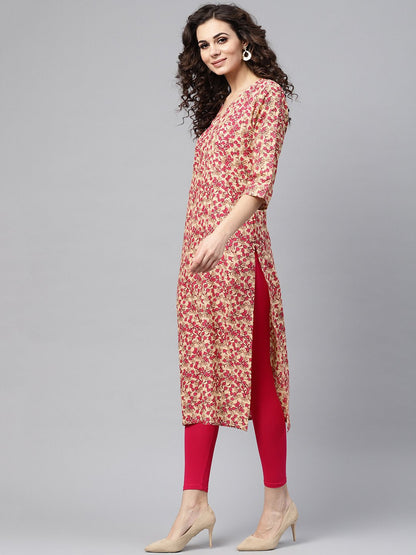 Rani Pink & Beige Straight Kurta With Round Neck V Slit & 3/4 Sleeves | LASVINI - Redefining Indian Fashion with Elegance
