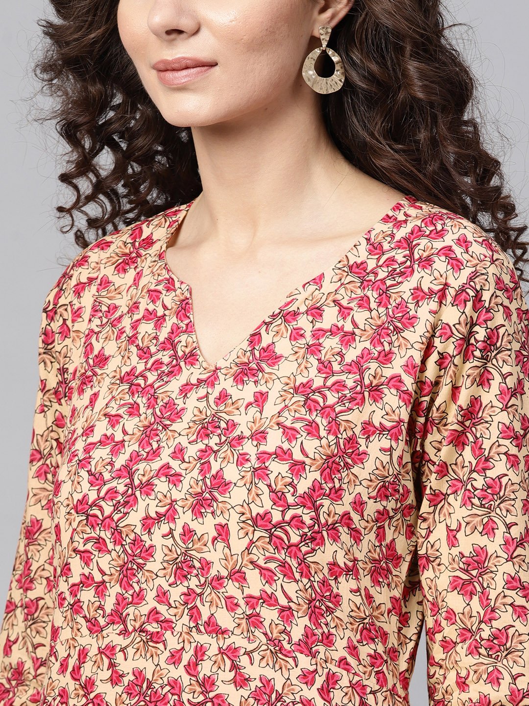 Rani Pink & Beige Straight Kurta With Round Neck V Slit & 3/4 Sleeves | LASVINI - Redefining Indian Fashion with Elegance