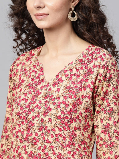 Rani Pink & Beige Straight Kurta With Round Neck V Slit & 3/4 Sleeves | LASVINI - Redefining Indian Fashion with Elegance