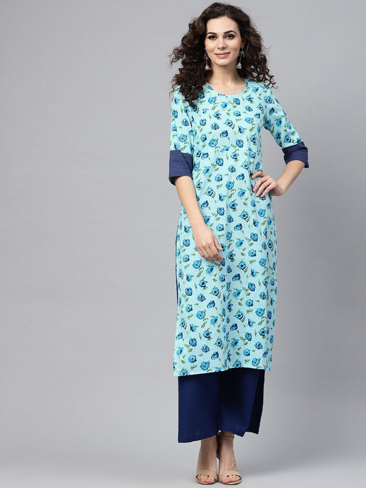 Light Blue Printed Straight Kurta With Round Neck & Solid Cuff Detailing | LASVINI - Redefining Indian Fashion with Elegance