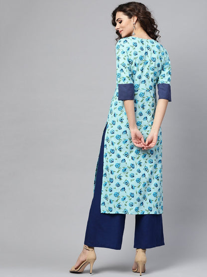 Light Blue Printed Straight Kurta With Round Neck & Solid Cuff Detailing | LASVINI - Redefining Indian Fashion with Elegance