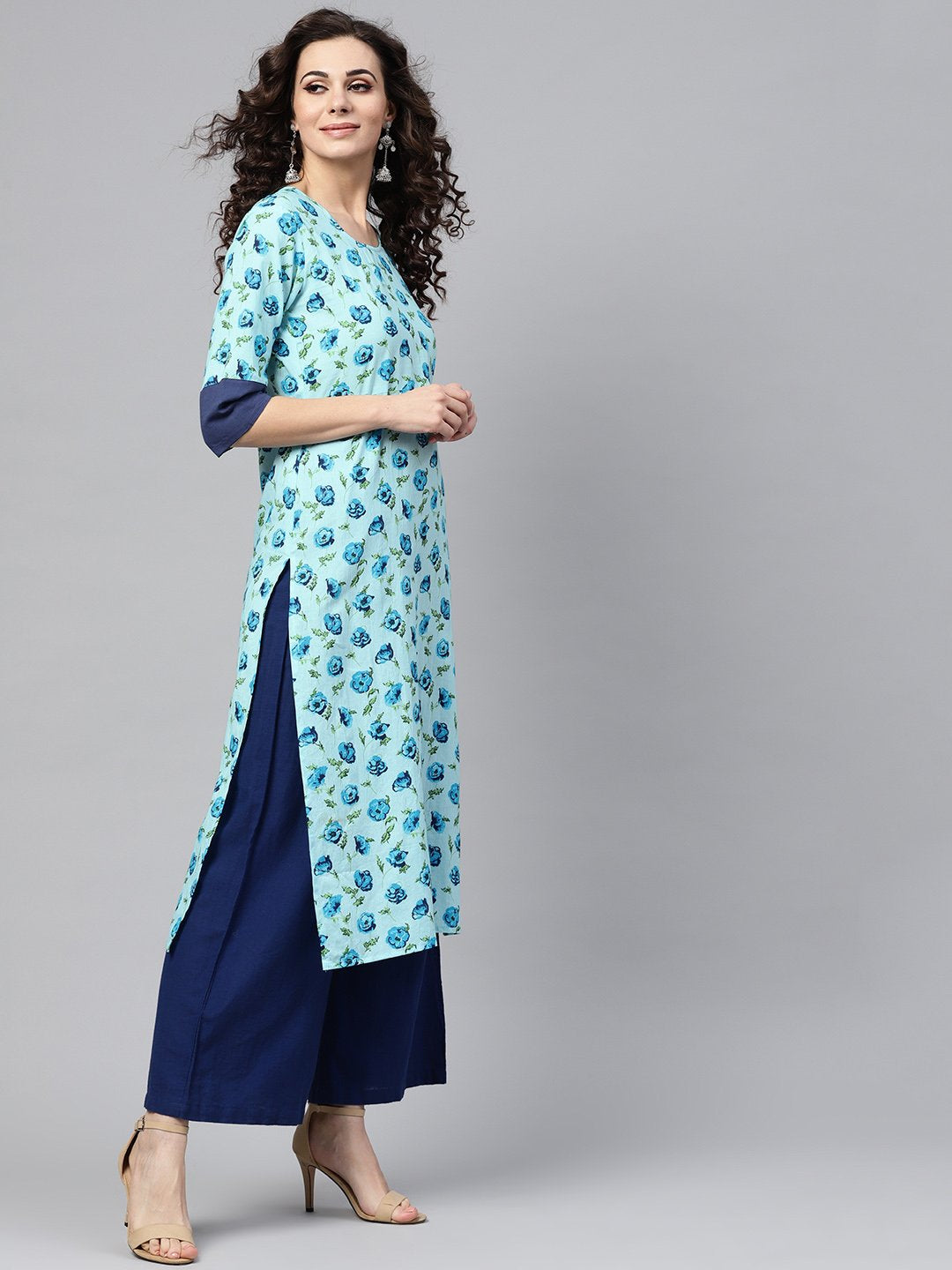 Light Blue Printed Straight Kurta With Round Neck & Solid Cuff Detailing | LASVINI - Redefining Indian Fashion with Elegance