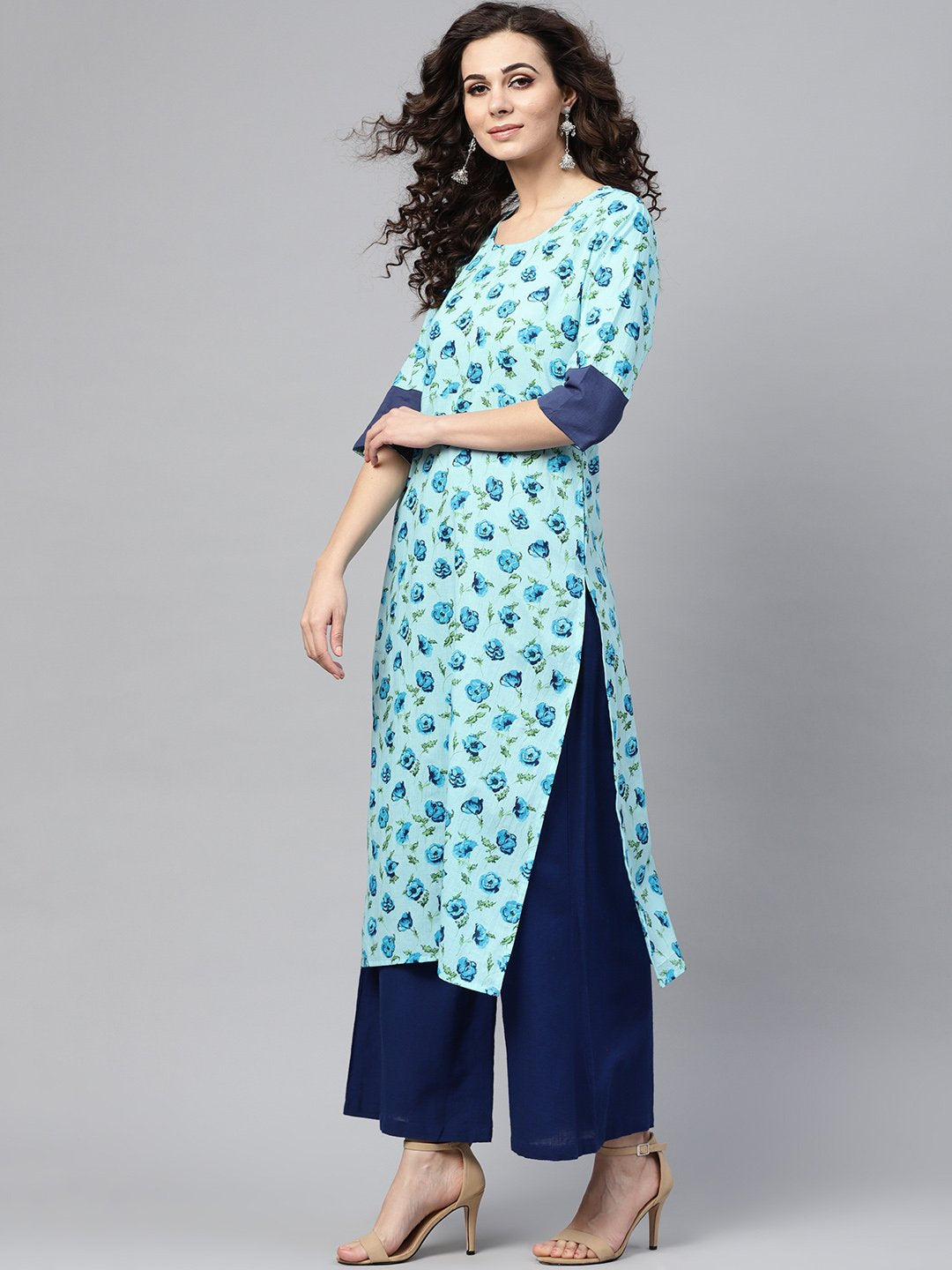 Light Blue Printed Straight Kurta With Round Neck & Solid Cuff Detailing | LASVINI - Redefining Indian Fashion with Elegance