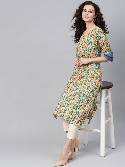 Beige Multi-Colored Straight Kurta With Round Neck With Solid Blue Cuff Detailing | LASVINI - Redefining Indian Fashion with Elegance