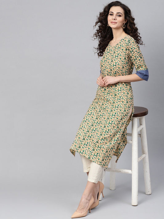 Beige Multi-Colored Straight Kurta With Round Neck With Solid Blue Cuff Detailing | LASVINI - Redefining Indian Fashion with Elegance